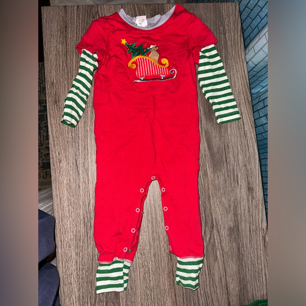Festive Red Kids One Piece with Green Stripes